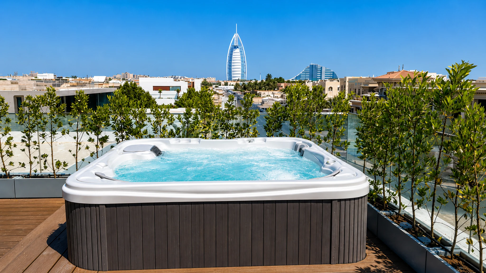 Rooftop, jacuzzi and skyline view — villa interior in Dubai by Soltis Interiors